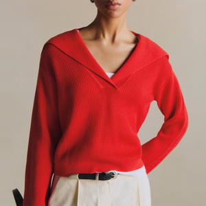 Fabricant de tricots sur mesure – <span class=keywords><strong>Pull</strong></span> en maille côtelée décontracté et élégant pour <span class=keywords><strong>femme</strong></span>, à manches longues, coupe ample, épaules tombantes, col marin en V, style minimaliste - Product Image 5