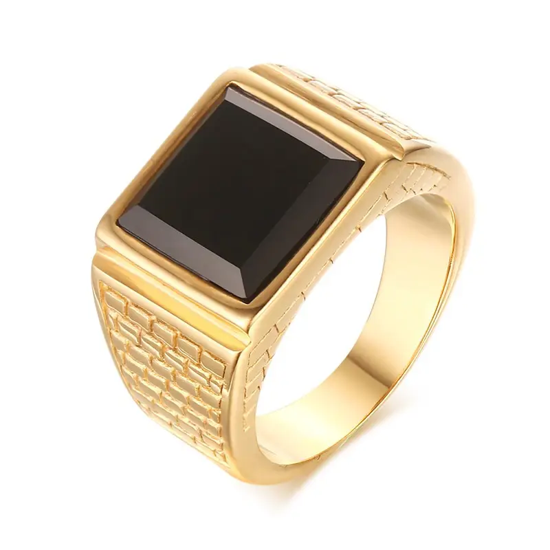 European Retro Male Jewelry Vintage 18K Gold Plating 316L Stainless Steel Square Black Agate Finger Ring For Men