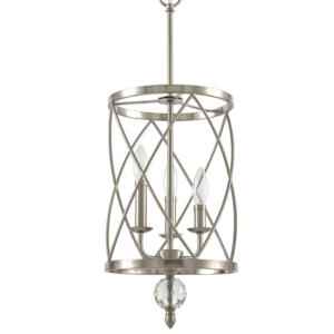 Lampadario a 3 Luci con Cilindri Geometrici, Finitura Nichel Spazzolato/Cromo, Lampada a Sospensione con Dettagli in Cristallo - Product Image 4