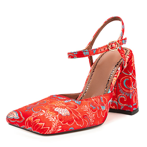 Sandales à talons hauts épais pour femme, grande taille 45, à bout carré, motif floral, en soie, pour soirée, coupe large, avec boucle de cheville - Product Image 2