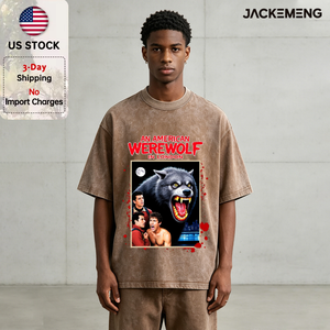 Camiseta Oversize de Algodón Lavado con Estampado de Citas <span class=keywords><strong>del</strong></span> Película de Terror 'Un <span class=keywords><strong>Hombre</strong></span> <span class=keywords><strong>Lobo</strong></span> Americano en Londres', Estilo Retro Urbano Casual, EE. UU. - Product Image 1
