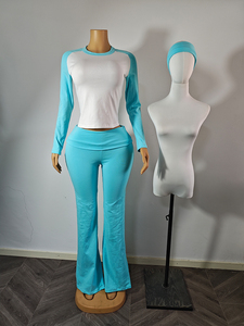 Set Loungewear da Donna in 2 Pezzi con Stampa, <span class=keywords><strong>Top</strong></span> <span class=keywords><strong>Corto</strong></span> a <span class=keywords><strong>Maniche</strong></span> <span class=keywords><strong>Lunghe</strong></span>, Pantaloni a Zampa con Risvolto, Fascia per Capelli - Spandex/Cotone, Vestibilità Casual Aderente - Product Image 3