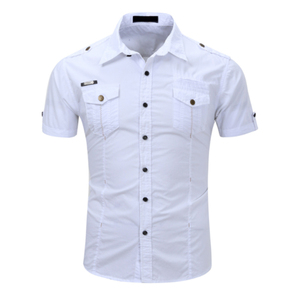 เสื้อเชิ้ตผู้ชายไซส์ใหญ่แฟชั่นฤดูร้อนแขนสั้นสำหรับกิจกรรมกลางแจ้ง ผ้าฝ้าย 100% พิมพ์ลายสกรีน สีพื้น ระบายอากาศได้ดี สไตล์ลำลอง ขายส่ง - Product Image 1
