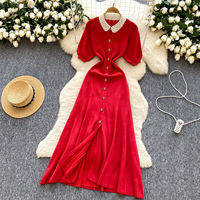 Robes midi élégantes en tricot pour femmes, col en dentelle contrastée, manches courtes bouffantes, simple boutonnage, plissées, robe féminine