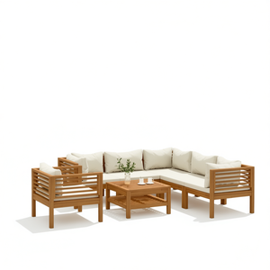 Ensemble de salon de jardin en bois d'acacia crème 6 places, mobilier d'extérieur contemporain, résistant aux intempéries, structure en bois massif - Product Image 1