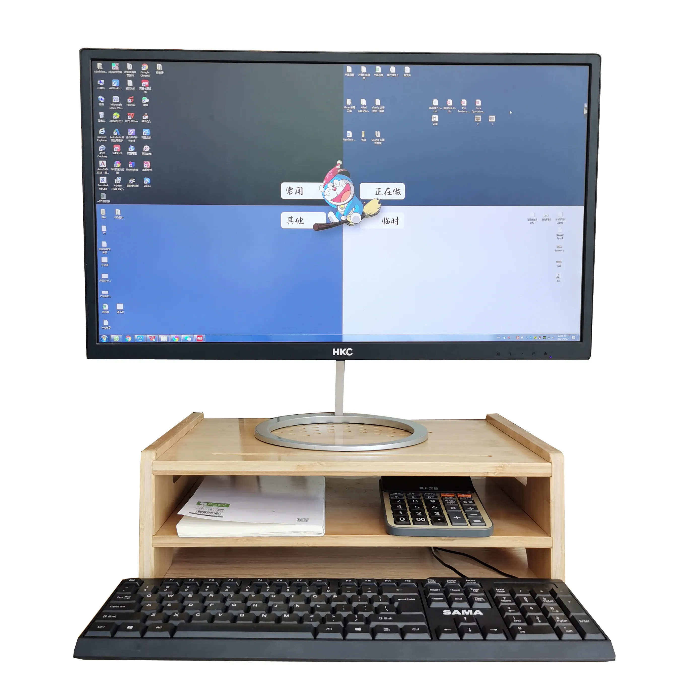 Bureau d'ordinateur portable en bois, 2 étagères pour ordinateur, iMac, imprimante, support de moniteur en bambou, organisateur de rangement avec deux tirages et une poignée