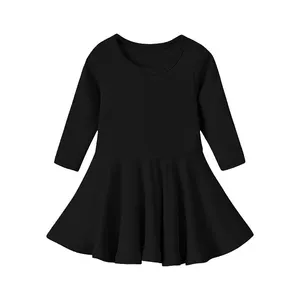 Custom Mini Ruffle Dress for Baby Girls 100% Cotton Long Sleeve Casual Black Frock with Collar for Children