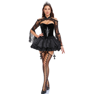 Ensemble de costume gothique en dentelle, robe corset noire avec bas résille pour Halloween, cosplay, jeu de rôle - Product Image 3