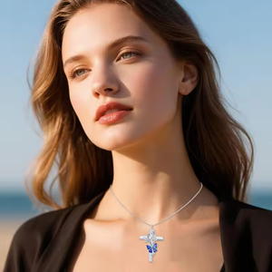 Collar con Colgante de Cruz de Plata de Ley 925 con Mariposa Azul, Joyería Fina Grabada con la Palabra Fe <span class=keywords><strong>para</strong></span> Mujeres y Niñas - Product Image 3