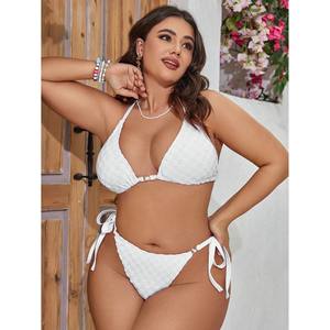 Traje de Baño Bikini Personalizado de Talla Grande para Mujer, Color Sólido, Busto Grande, Sexy, Jacquard, de Tres Niveles, Sin Espalda - Product Image 1