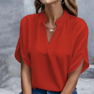 Ropa de verano Color sólido Top de manga corta Camisa de mujer Blusas de carrera casuales Ropa de oficina elegante para mujer - Product Image 3