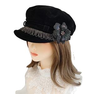 Chapeau de marin pour femme tendance, chapeau de newsboy, chapeau de chauffeur, chapeau de boulanger, béret à visière en velours, chapeau de fiddler avec fleur en strass - Product Image 1