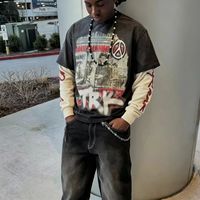 T-shirt à manches longues double couche pour homme, imprimé rétro de haute qualité avec logo personnalisé, coupe ample, tendance mode hip-hop