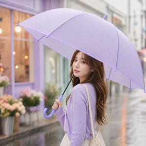Parapluie droit transparent en POE dépoli avec logo personnalisé OEM, poignée en J colorée, vente en gros promotionnelle - Product Image 1