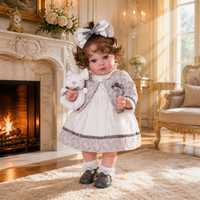 Poupée Reborn en vinyle de 18 pouces avec corps souple, robe en dentelle, ours en peluche, cheveux bouclés bruns, poupée nouveau-né pour jeu d'imitation