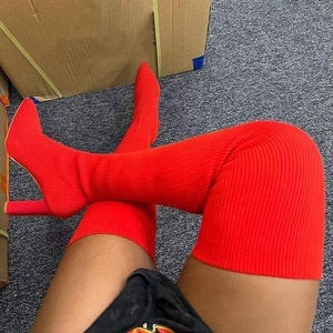 Stretch Knitting Shaft Skintight Women Over Knee High Boots Block Heels Thigh High Long Booties Sexy Pointy Toe <b>Shoes</b> - Product Image 4