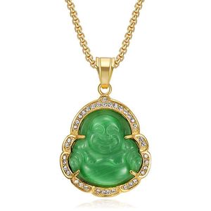 Maitreya Buddha Pendant Stainless Steel Gold Plated Rhinestone Inlay Green Cat's Eye Stone Unisex Necklace Gift - Product Image 1