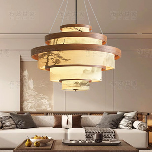 Lustre rond à LED en bois esthétique de la dynastie Song pour salon, salle à manger, salle de thé zen, bureau, chambre à coucher, hôtel - Product Image 1
