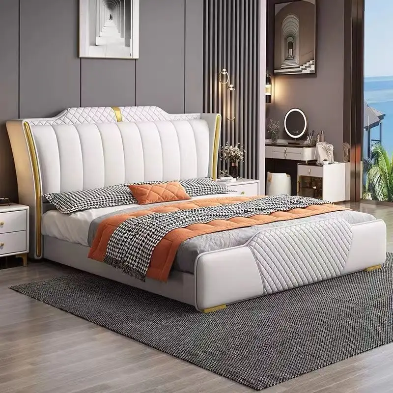 Cama king size estofada para casa, mobília de quarto luxuosa e luxuosa, cama queen de madeira com iluminação completa, cama ideal para casamentos