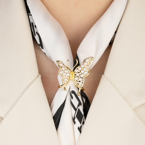 Muyu Butterfly Silk Scarf Buckle Gold Pearl Insect Brooch Fashion Accessory - Product Image 4