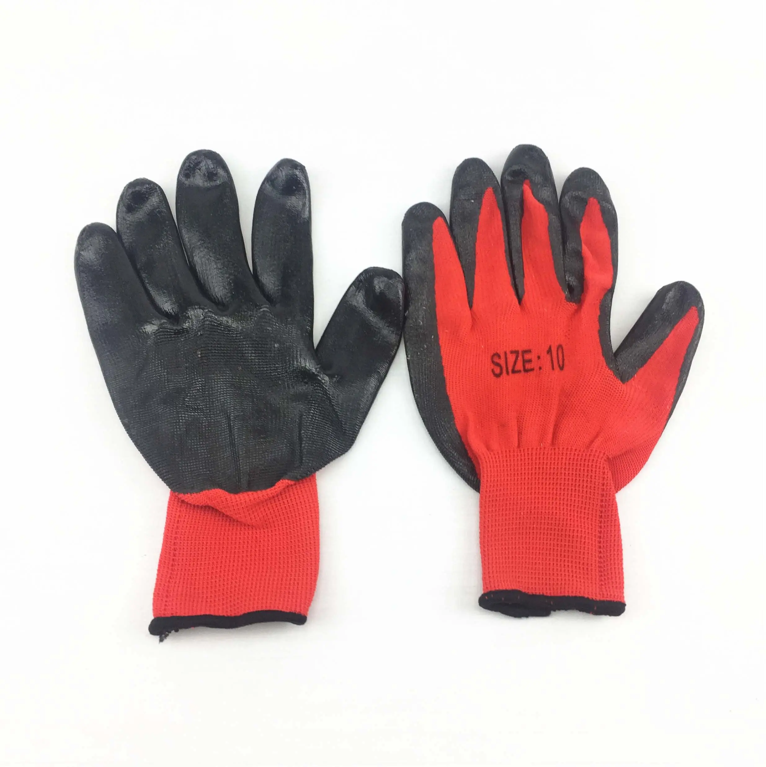 レッドラテックスニトリルコーティング天然ゴム手袋耐久性のある綿滑り止め手保護作業安全手袋