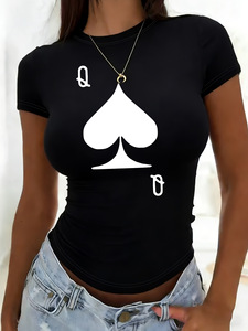 Camiseta de Mujer Casual con Logo OEM de Fábrica, Sexy, Estilo Pullover, Verano, Largo Medio, Cuello Redondo, Estampado de Ases de Picas, Manga Corta, Color Negro - Product Image 2