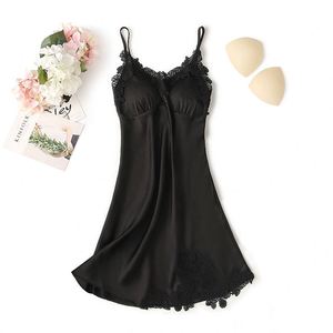 P098 Camisón de Satén de Color Sólido para Mujer, con Tirantes Ajustables y Encaje, Sexy y Lujoso para Verano, de Manga Corta con Encaje - Product Image 6