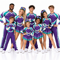 Ensemble d'uniforme de cheerleading violet et turquoise personnalisé avec strass, col simulé à trois découpes, jupe à volants superposés thermocollée, tenue de cheerleading