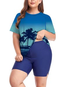 Short Sleeve Spandex Nylon Rash Guard Women Women <b>Plus</b> <b>Size</b> 2 Piece Swim <b>Set</b> Custom Gradient Palm Tree Print Rash Guard Women's - Product Image 1