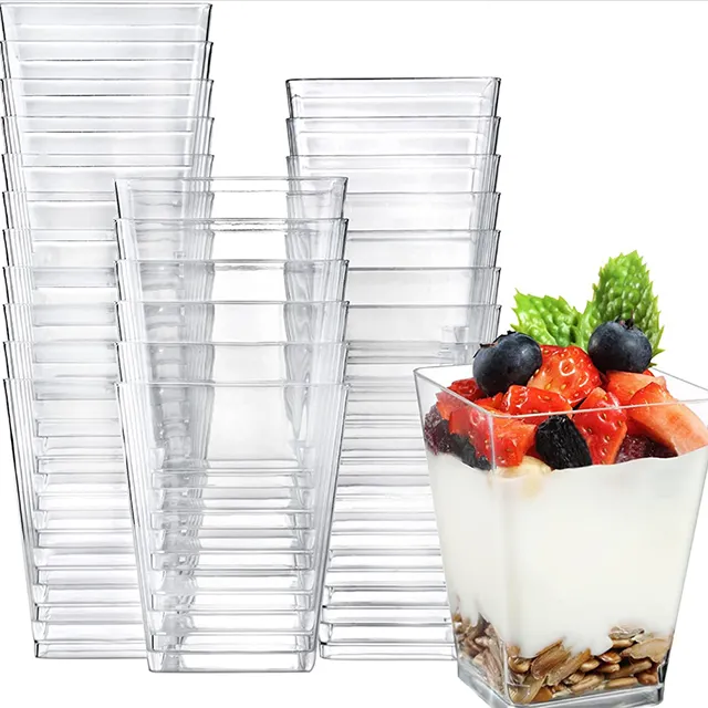 כוסות קינוח מרובע ברור כוסות קינוח שחור חד פעמי פודינג מיני כוסות קינוח פלסטיק עם מכסה 115 מ "ל 210