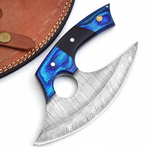 Cuchillo para Pizza Ulu de Acero de Damasco Forjado, Mango de Madera Pakka, Funda de Cuero, Hecho a Mano, OEM, Cuchillo de Cocina Profesional - Product Image 1