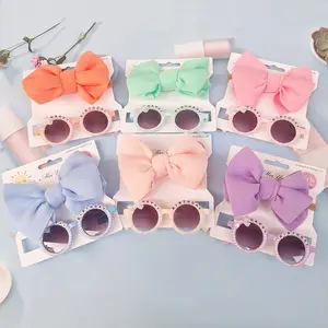 Kids Puff Bow Headwear Daisy Flower Girl Sunglasses With Elastic Nylon Baby Headband 2Pcs/set Bohemia Beach Seaside Sun Glasses