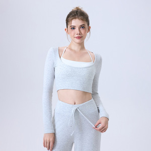 CX5589เสื้อผ้าผู้หญิงแบบ2 in 1เสื้อครอปสำหรับผู้หญิงเสื้อออกกำลังกายแบบนู้ดเสื้อบราโยคะสีพื้น - Product Image 4