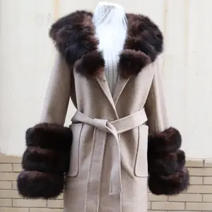 Manteau de laine cachemire pour femmes, poignets avec col en fourrure de renard et ceinture, personnalisé, vente en gros,