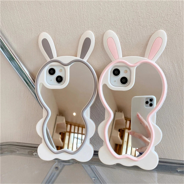 Cute Rabbit Ears Silicone 3D Case for iphone 14 13 12 11 Pro XS Max XR 6 7 8 Plus SE Luxury High Quality Girl Makeup Mirror Film 16