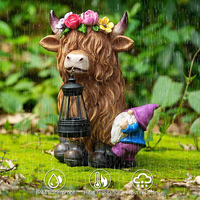 Dekorasi lampu matahari, patung lentera taman, sapi Highland Resin dengan Gnome luar ruangan, dekorasi lucu untuk halaman rumput dan teras, hadiah
