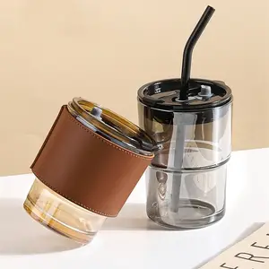 Bambus-Kaffeetasse Tragbare High Beauty Net-Kaffeetasse aus rotem Glas Wieder verwendbare Saft milch becher mit großer Kapazität und Strohhalmen und Deckeln
