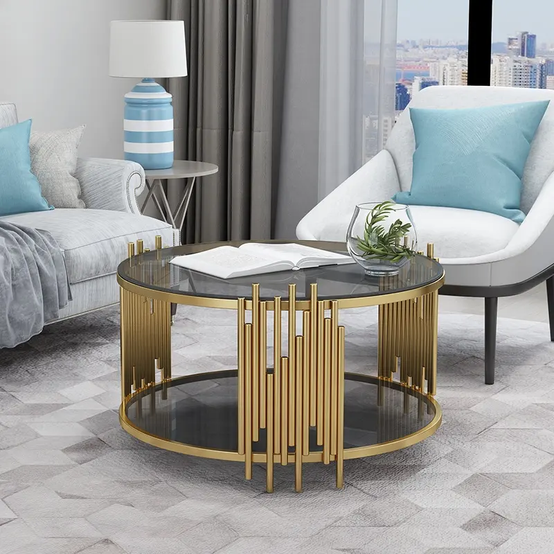 Dayanıklı sıcak satış açık lüks Metal sehpa altın yuvarlak oturma odası cam üst merkezi masa otel ev mobilya dekoratif