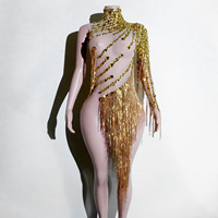 Robe à franges en strass dorés, maille nude, asymétrique à une manche, col montant, avec pompons, pour danse latine, drag, gogo et scène
