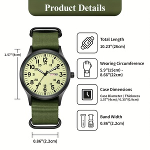 Montre de sport pour homme avec mouvement à quartz analogique, boîtier rond, bracelet en nylon vert, marquages 24 heures - Product Image 2