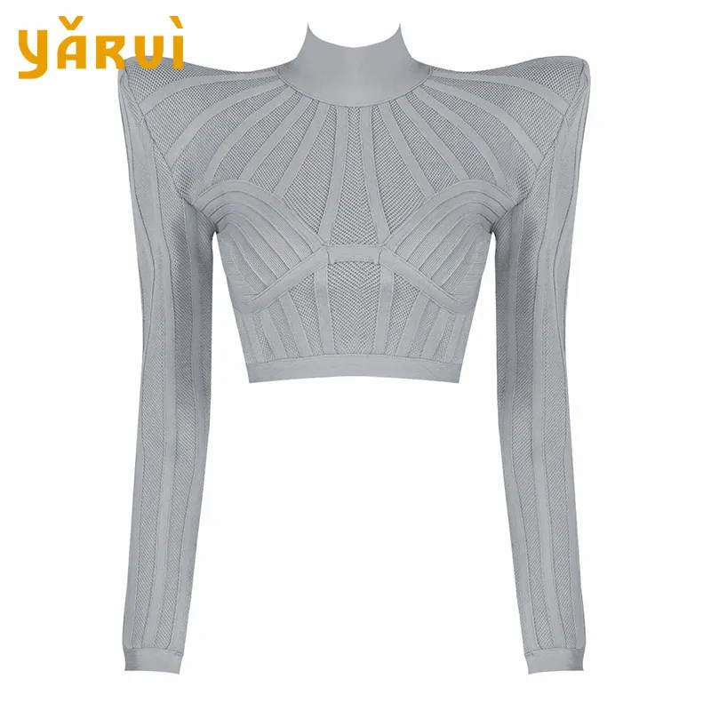 European and American black high-neck striped bandage long-sleeved T-shirt shoulder pad sexy women's slim and navel casual top