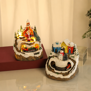 Figurine de Noël en résine avec musique et rotation, village de Père Noël et bonhomme de neige lumineux avec train miniature, décoration de table festive - Product Image 3