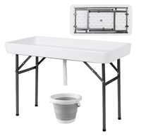Table pliante blanche de 4 pieds avec drain et seau, jupe amovible,