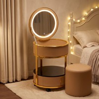 Station de maquillage moderne en acier inoxydable et bois de pin avec miroir LED 3 couleurs, chargeur de téléphone sans fil et roulettes universelles pour chambre à coucher
