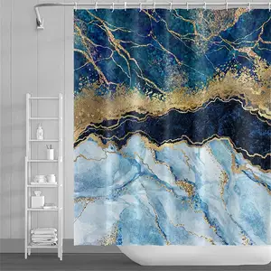 Abstract Navy Blue Marble Shower Curtains for Bathroom Gold Cracked Lines Crystal Geode Shower Curtain Waterproof Shower Curtain