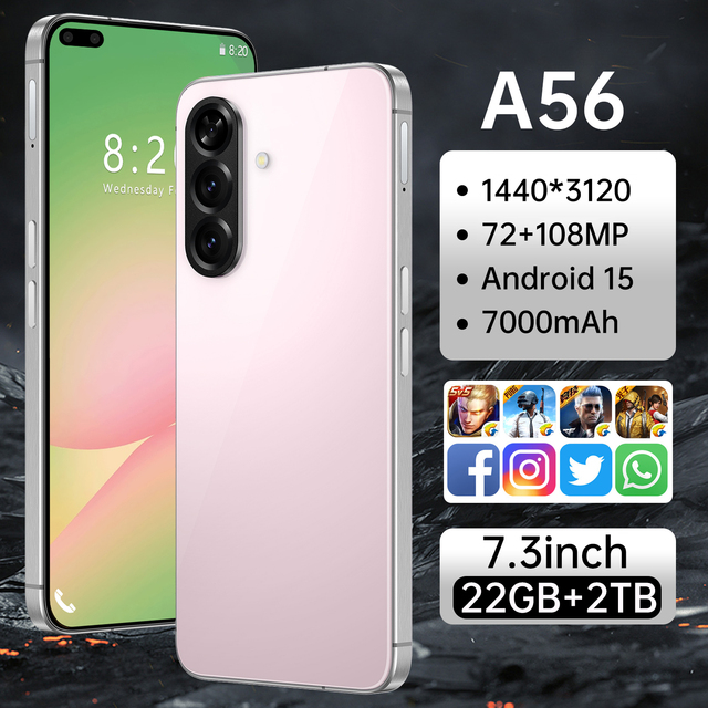 Bezel-Less Look A56 5G Smartphone 7.3 Inch Face Unlock 16GB+1TB Android 14 72+108MP HD Camera Dual Card CDMA Gaming Phone