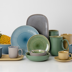 EKA Service de table en céramique de style américain peint à la main service de vaisselle à rayures en relief service de vaisselle en grès - Product Image 1