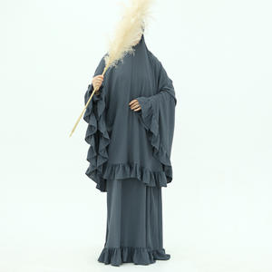 긴 주름 장식 Khimar 세트 겸손한 터키 Eid 무슬림 여성 원피스 이슬람 의류 도매기도 Abaya 2 조각 크레이프 - Product Image 4