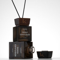 Bouteille en verre carrée marron à épaule plate pour diffuseur de parfum, 50ml, 100ml, 150ml, 200ml, avec sérigraphie givrée et couvercle en bois mat, vente en gros