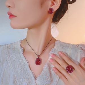 Fashion Eco-friendly Copper 13*18MM Zircon Simulant Black Gold Plated Halo <b>Earrings</b> <b>Set</b> Imitation Ruby Necklace Jewelry <b>Set</b> - Product Image 5